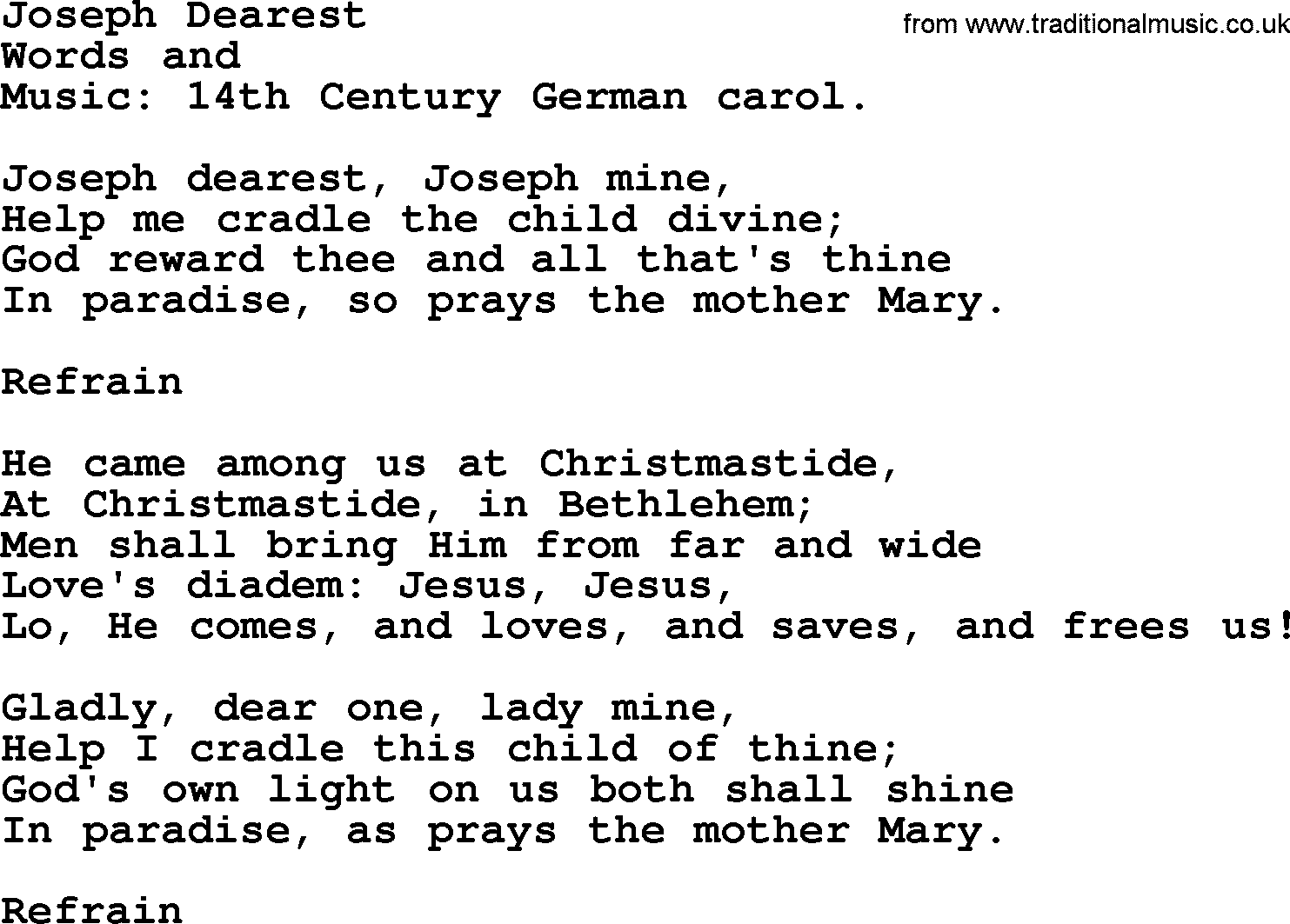 Christmas Hymns, Carols and Songs, title: Joseph Dearest, lyrics with PDF