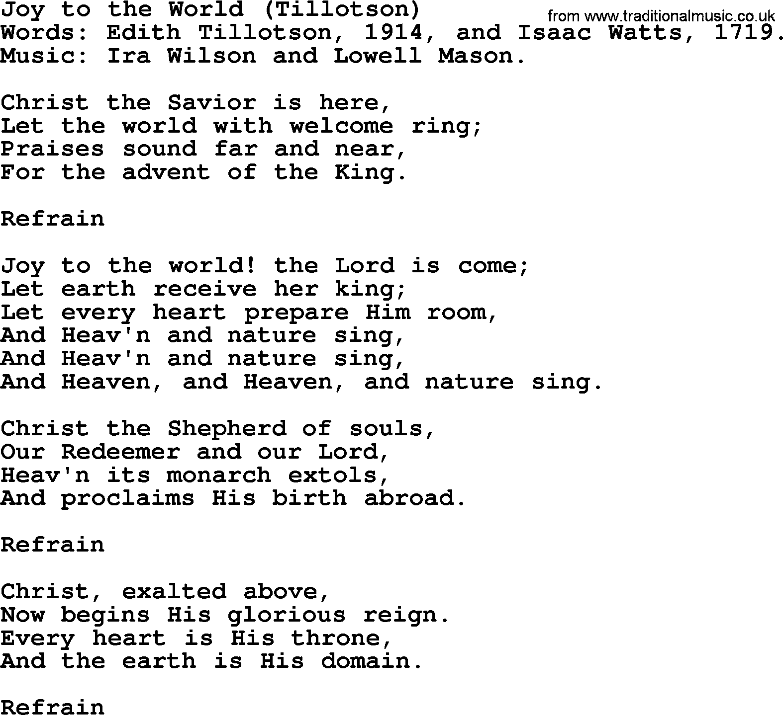 Christmas Hymns, Carols and Songs, title: Joy To The World (tillotson), lyrics with PDF