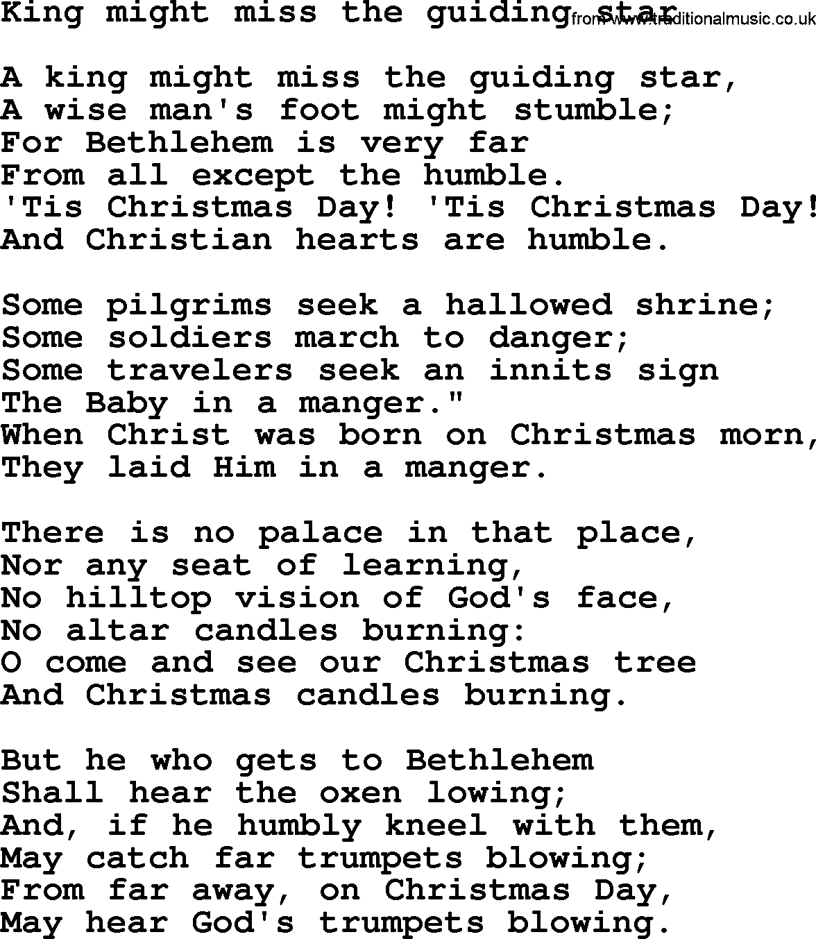 Christmas Hymns, Carols and Songs, title: King Might Miss The Guiding Star, lyrics with PDF
