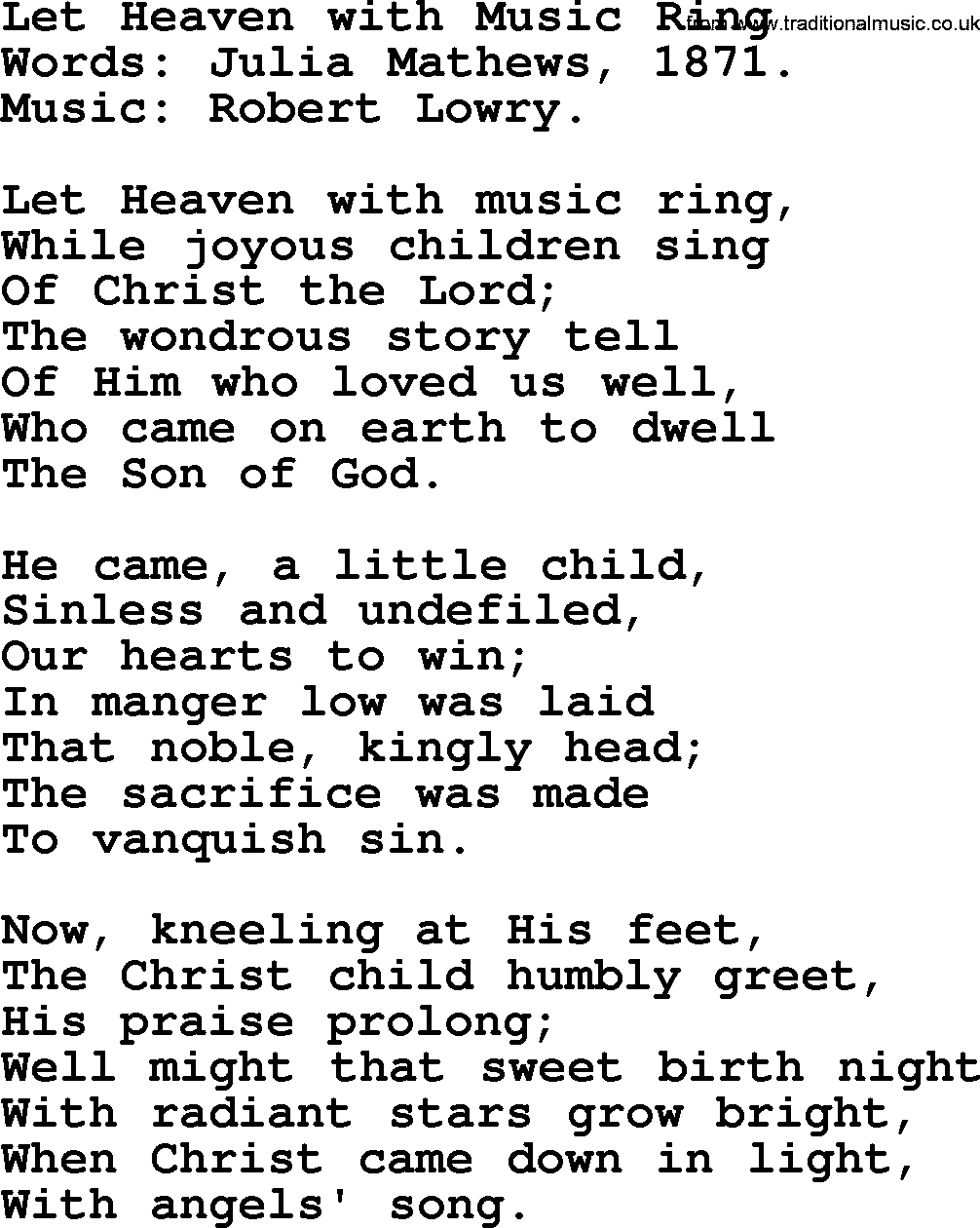Christmas Hymns, Carols and Songs, title: Let Heaven With Music Ring, lyrics with PDF