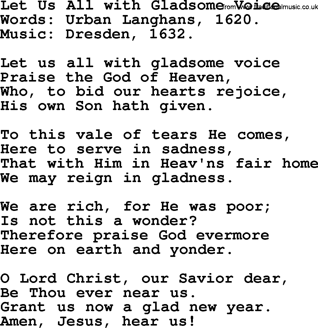 Christmas Hymns, Carols and Songs, title: Let Us All With Gladsome Voice, lyrics with PDF