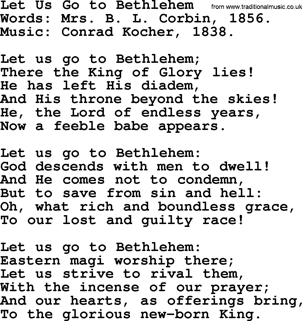 Christmas Hymns, Carols and Songs, title: Let Us Go To Bethlehem, lyrics with PDF