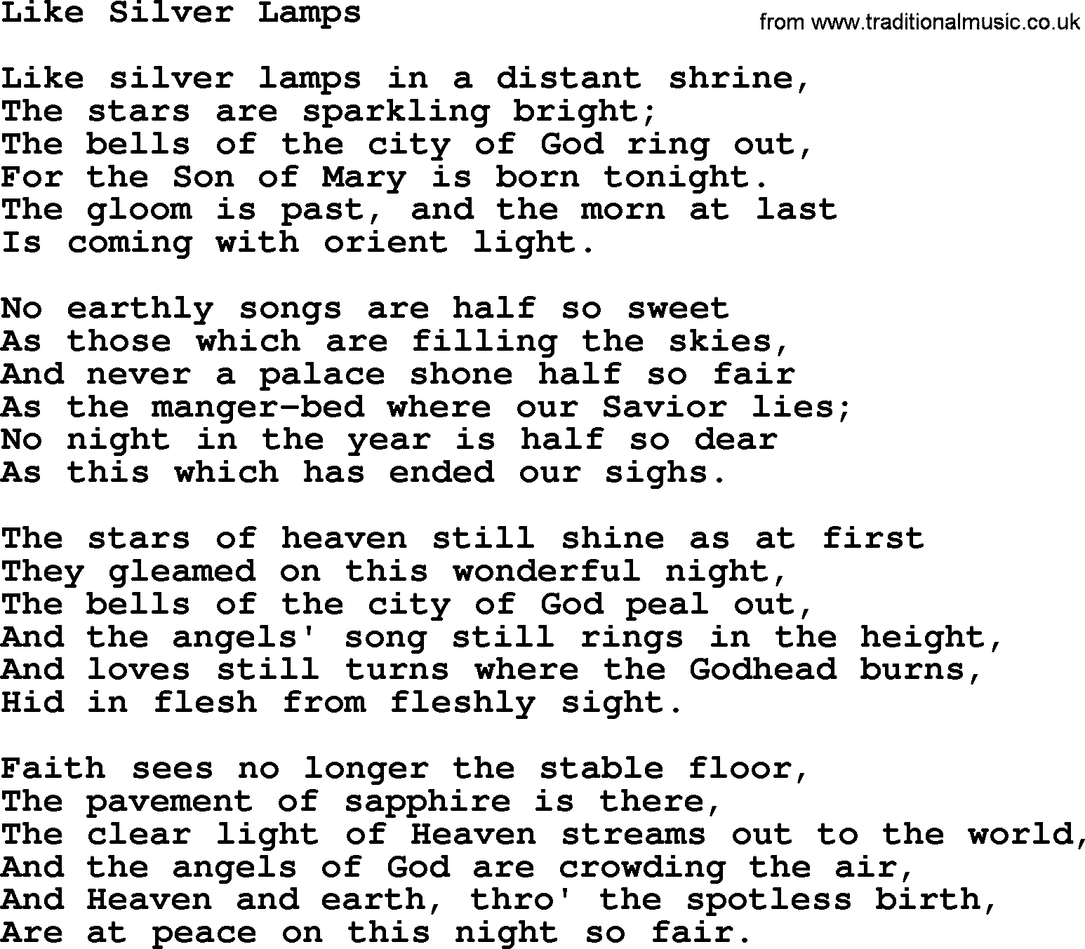Christmas Hymns, Carols and Songs, title: Like Silver Lamps, lyrics with PDF