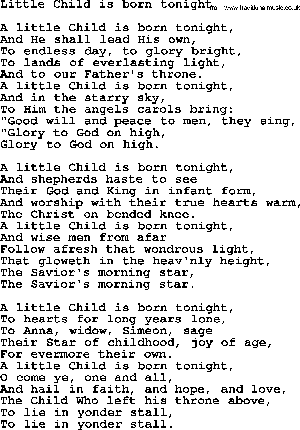 Christmas Hymns, Carols and Songs, title: Little Child Is Born Tonight - complete lyrics, and PDF