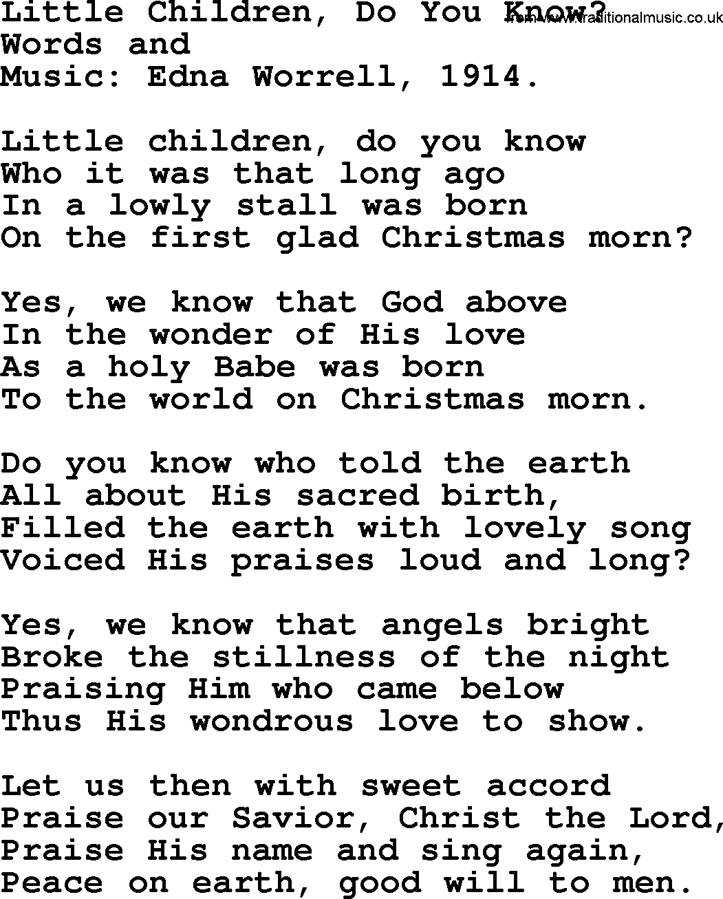 Christmas Hymns, Carols and Songs, title: Little Children, Do You Know, lyrics with PDF
