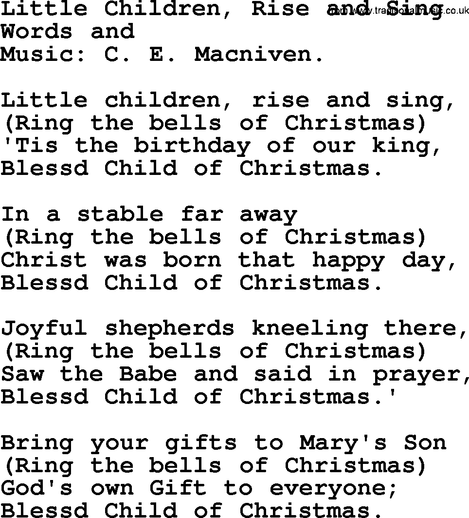 Christmas Hymns, Carols and Songs, title: Little Children, Rise And Sing, lyrics with PDF