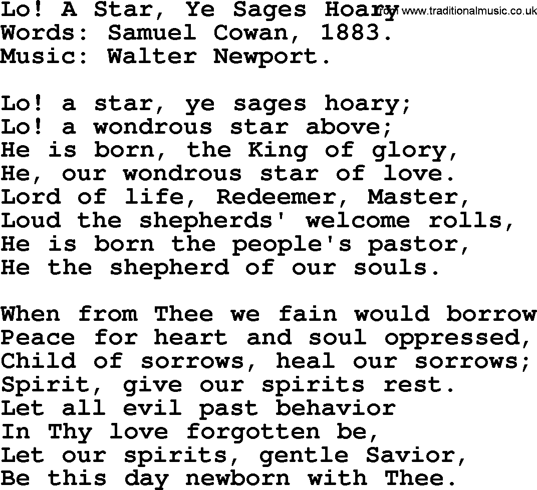 Christmas Hymns, Carols and Songs, title: Lo! A Star, Ye Sages Hoary, lyrics with PDF