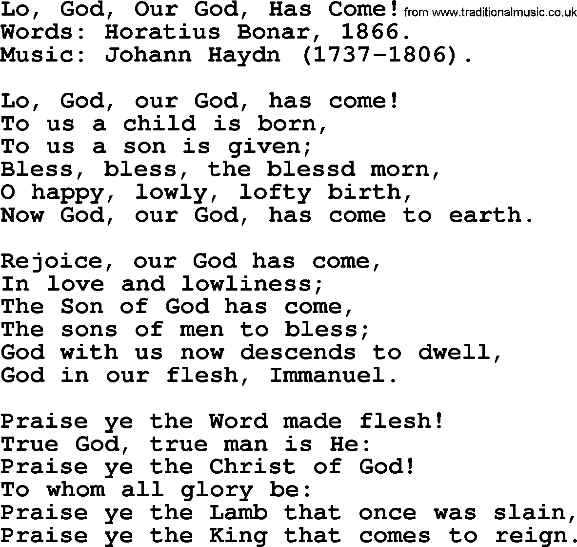 Christmas Hymns, Carols and Songs, title: Lo, God, Our God, Has Come!, lyrics with PDF