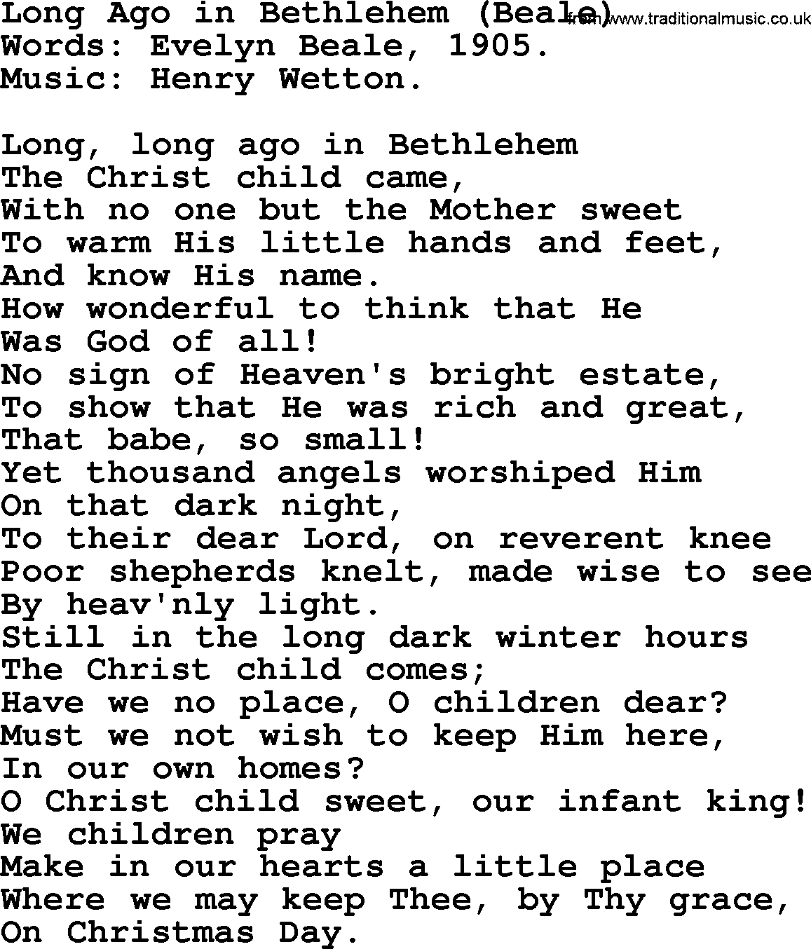 Christmas Hymns, Carols and Songs, title: Long Ago In Bethlehem (beale), lyrics with PDF