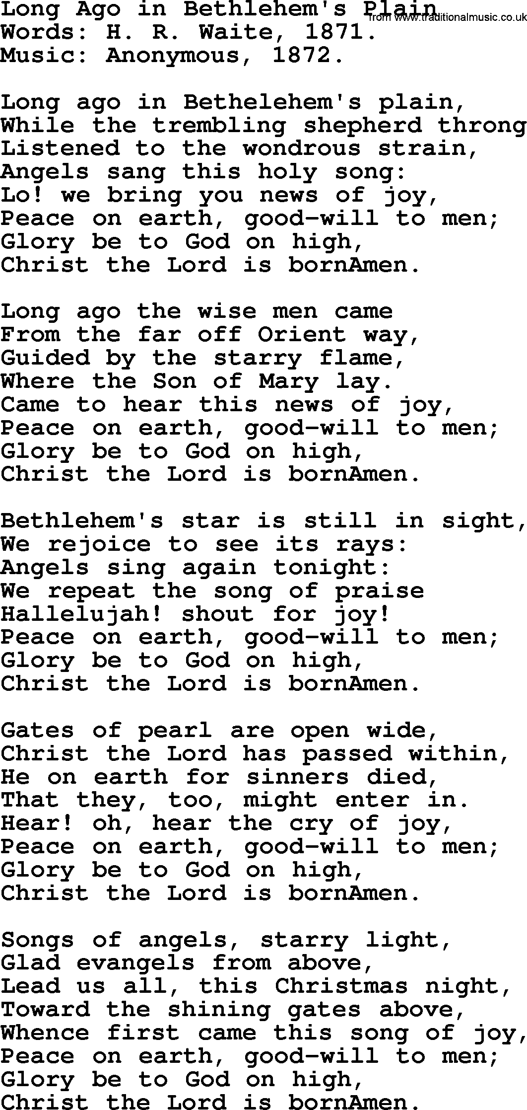 Christmas Hymns, Carols and Songs, title: Long Ago In Bethlehem's Plain, lyrics with PDF