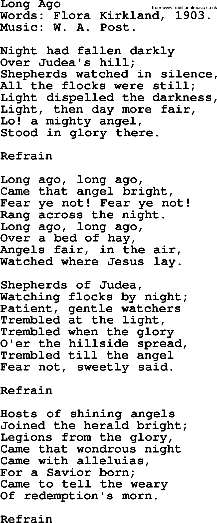 Christmas Hymns, Carols and Songs, title: Long Ago - complete lyrics, and PDF