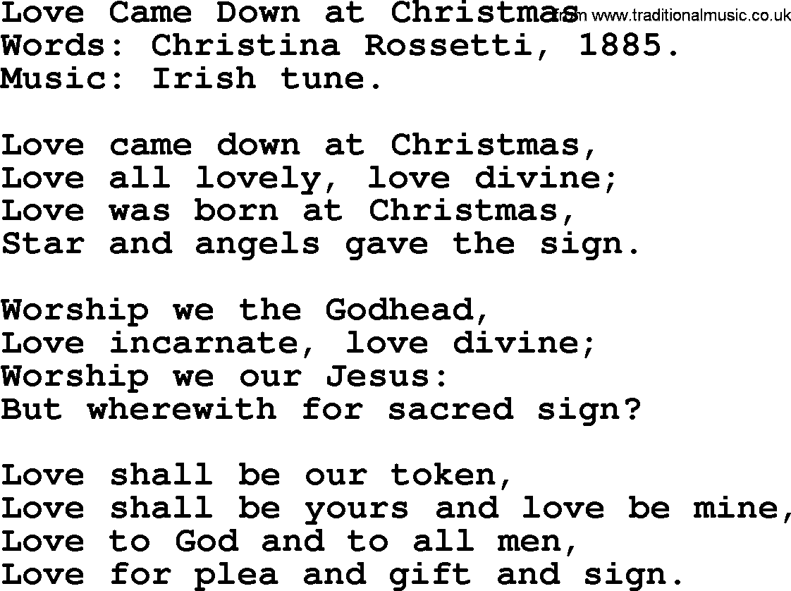 Christmas Hymns, Carols and Songs, title: Love Came Down At Christmas, lyrics with PDF