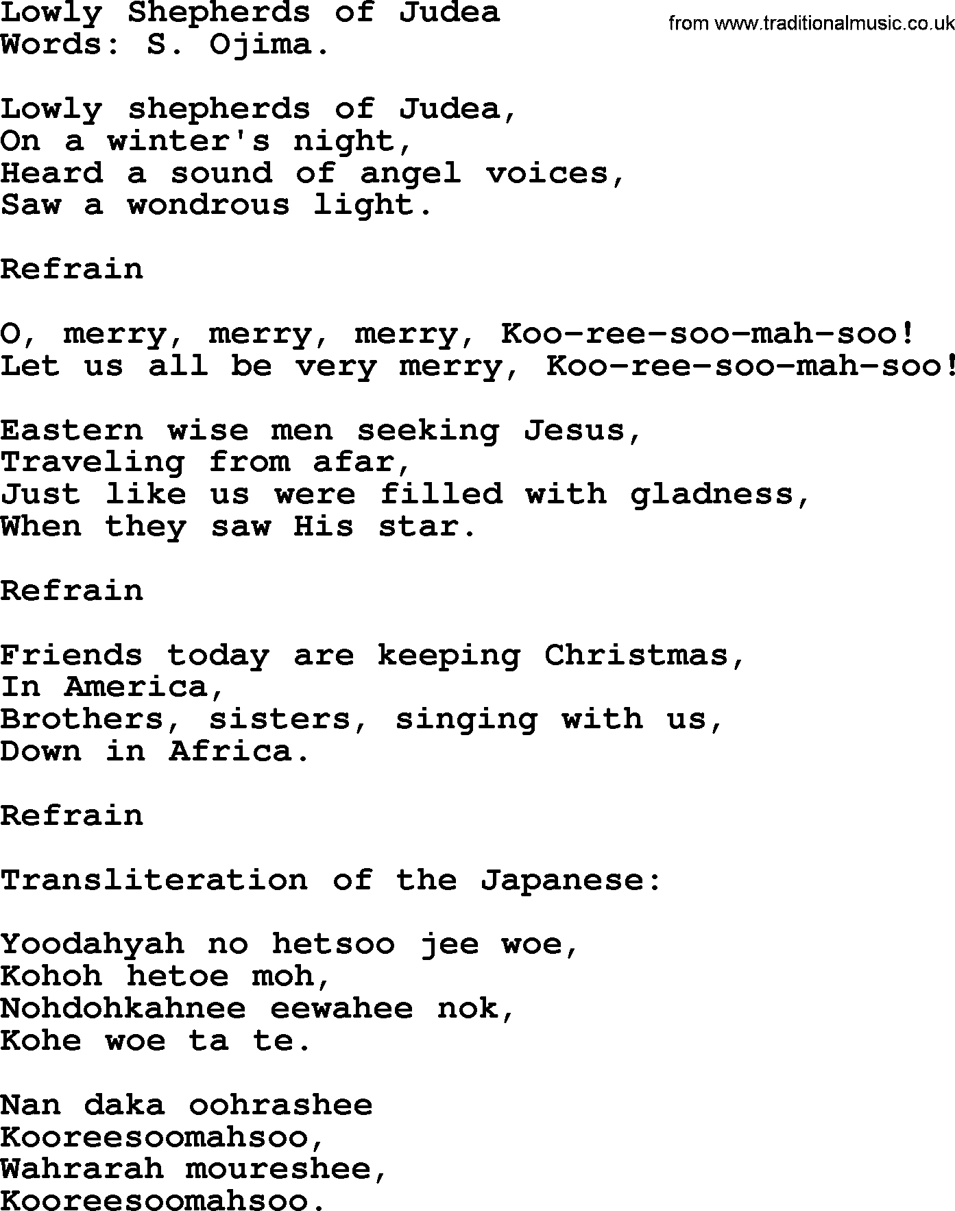 Christmas Hymns, Carols and Songs, title: Lowly Shepherds Of Judea, lyrics with PDF