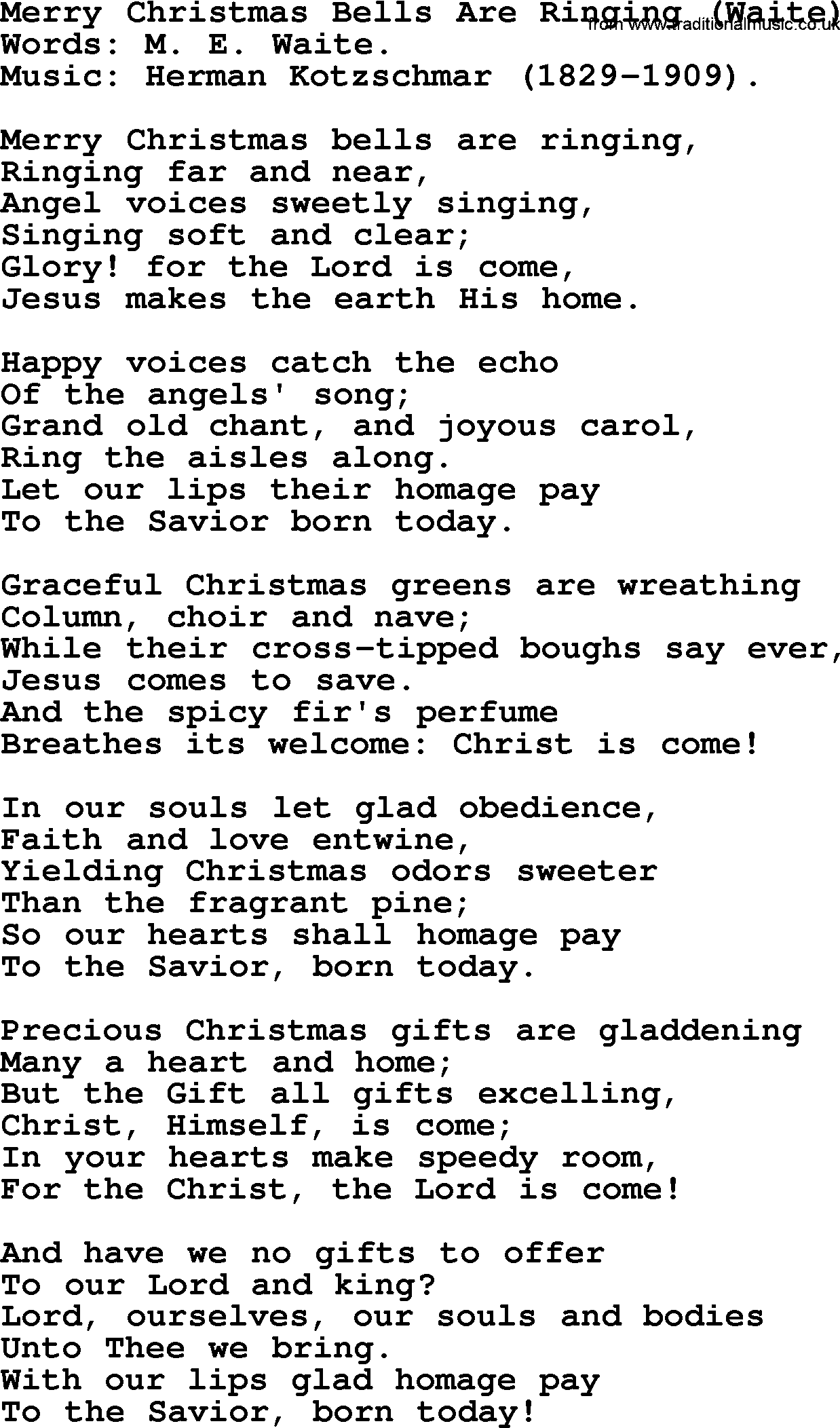 Christmas Hymns, Carols and Songs, title: Merry Christmas Bells Are Ringing (waite), lyrics with PDF
