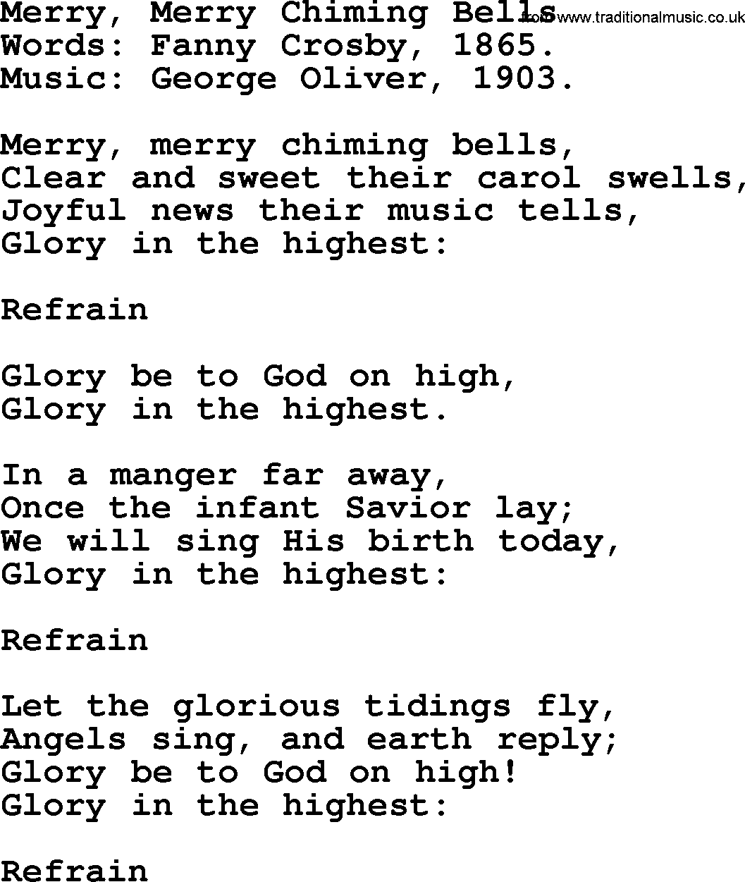 Christmas Hymns, Carols and Songs, title: Merry, Merry Chiming Bells, lyrics with PDF