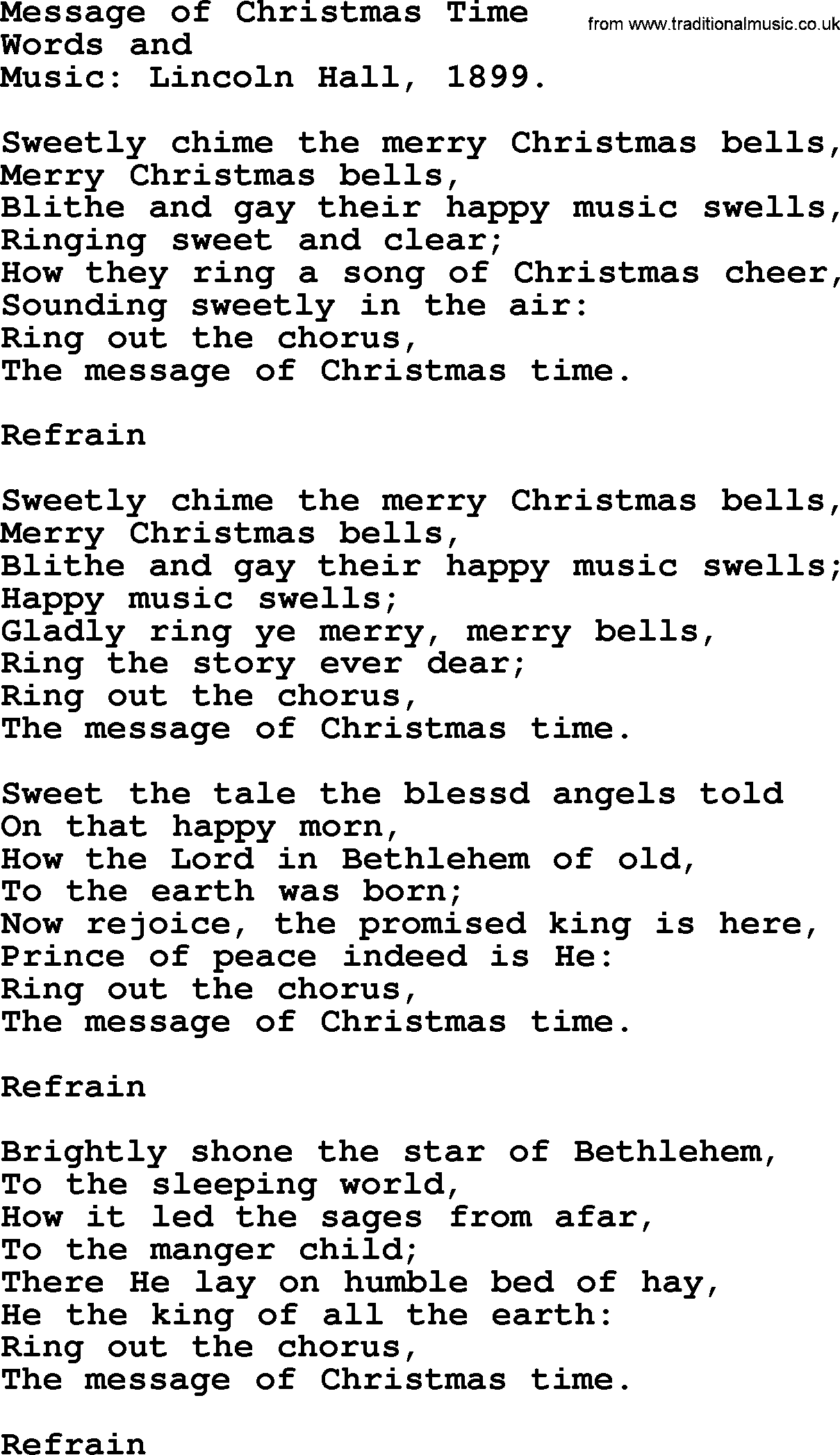 Christmas Hymns, Carols and Songs, title: Message Of Christmas Time, lyrics with PDF