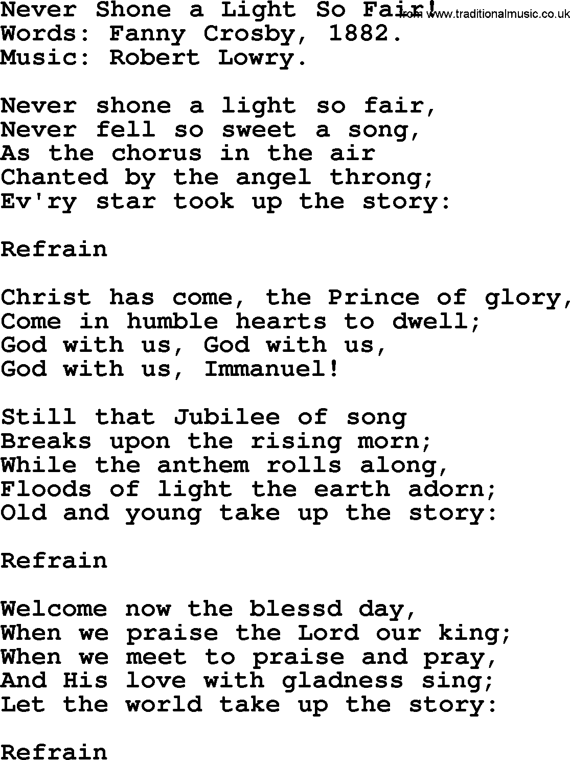 Christmas Hymns, Carols and Songs, title: Never Shone A Light So Fair!, lyrics with PDF