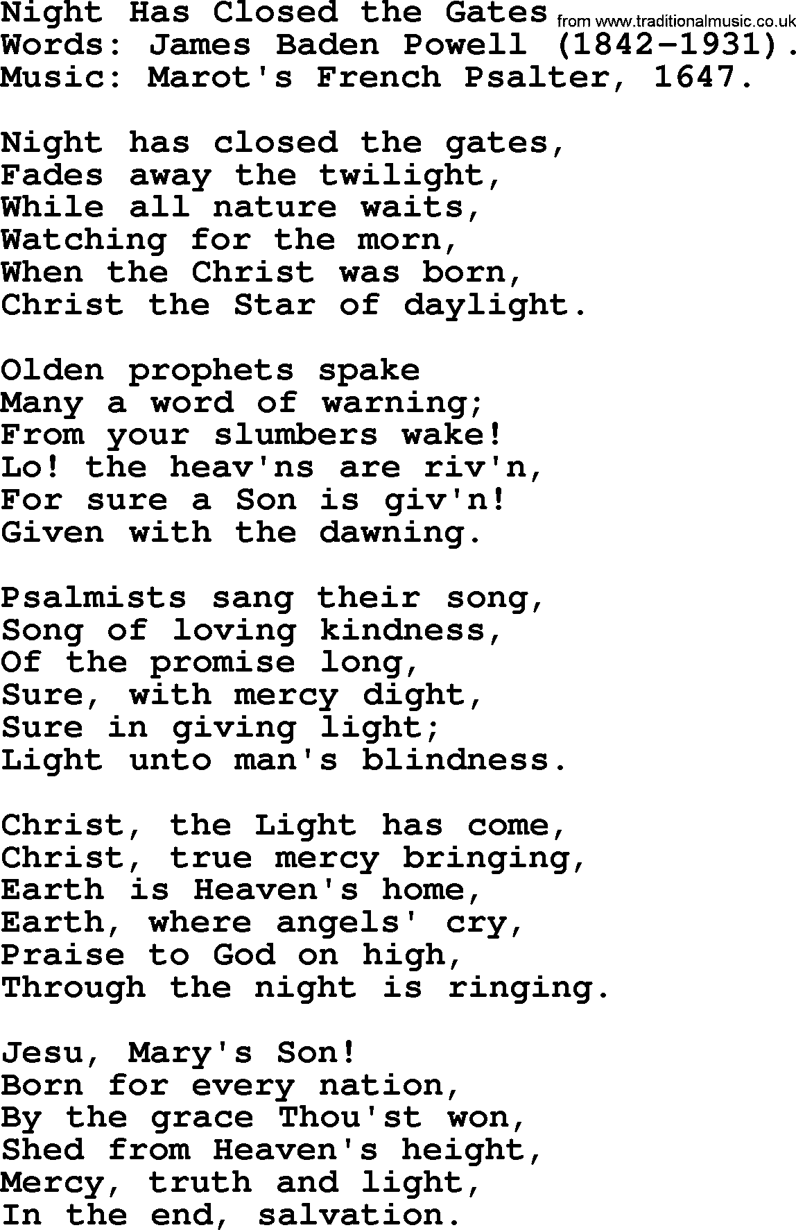 Christmas Hymns, Carols and Songs, title: Night Has Closed The Gates, lyrics with PDF