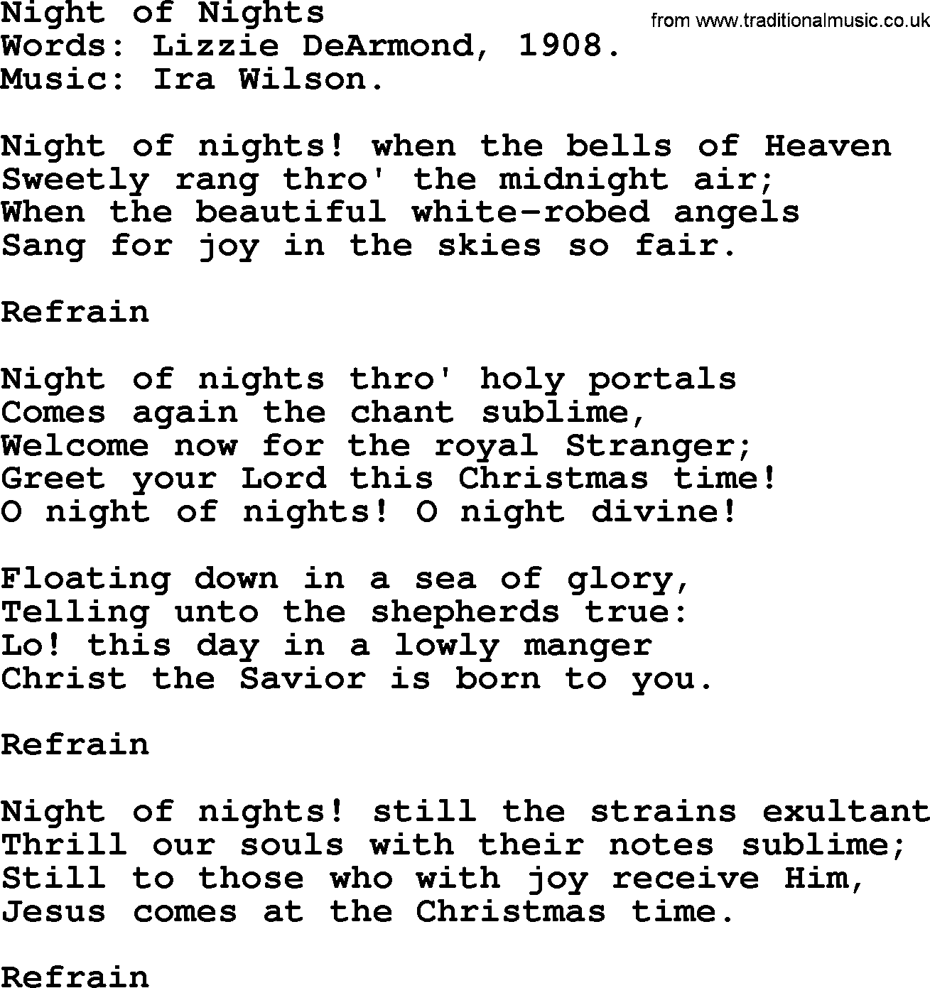 Christmas Hymns, Carols and Songs, title: Night Of Nights, lyrics with PDF