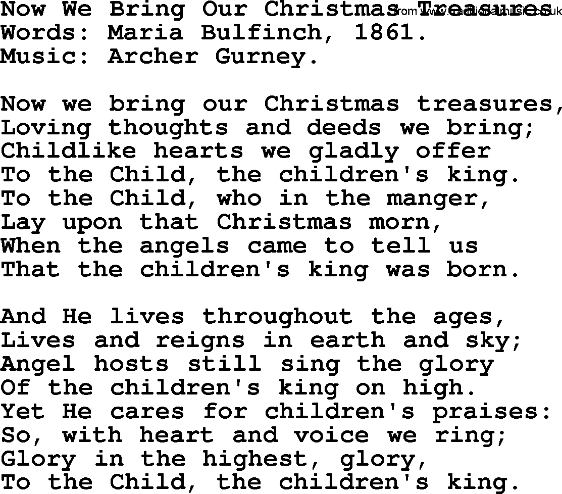 Christmas Hymns, Carols and Songs, title: Now We Bring Our Christmas Treasures, lyrics with PDF