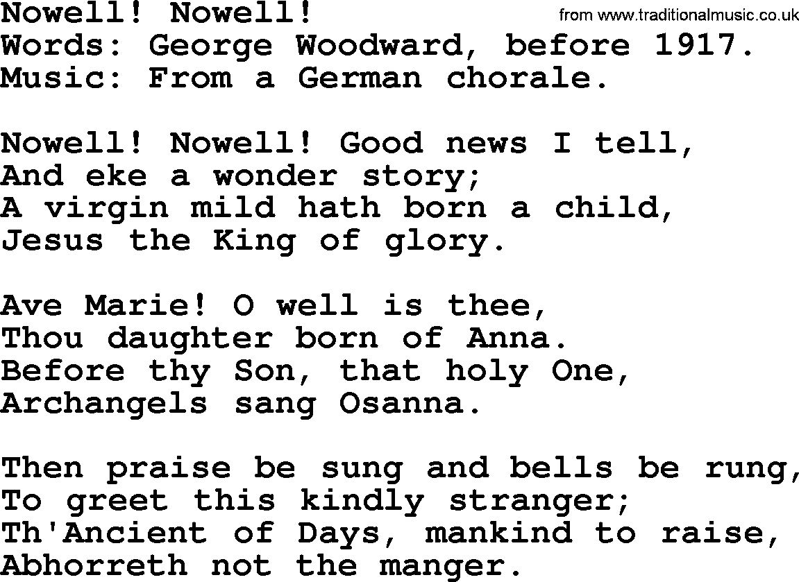 Christmas Hymns, Carols and Songs, title: Nowell! Nowell!, lyrics with PDF