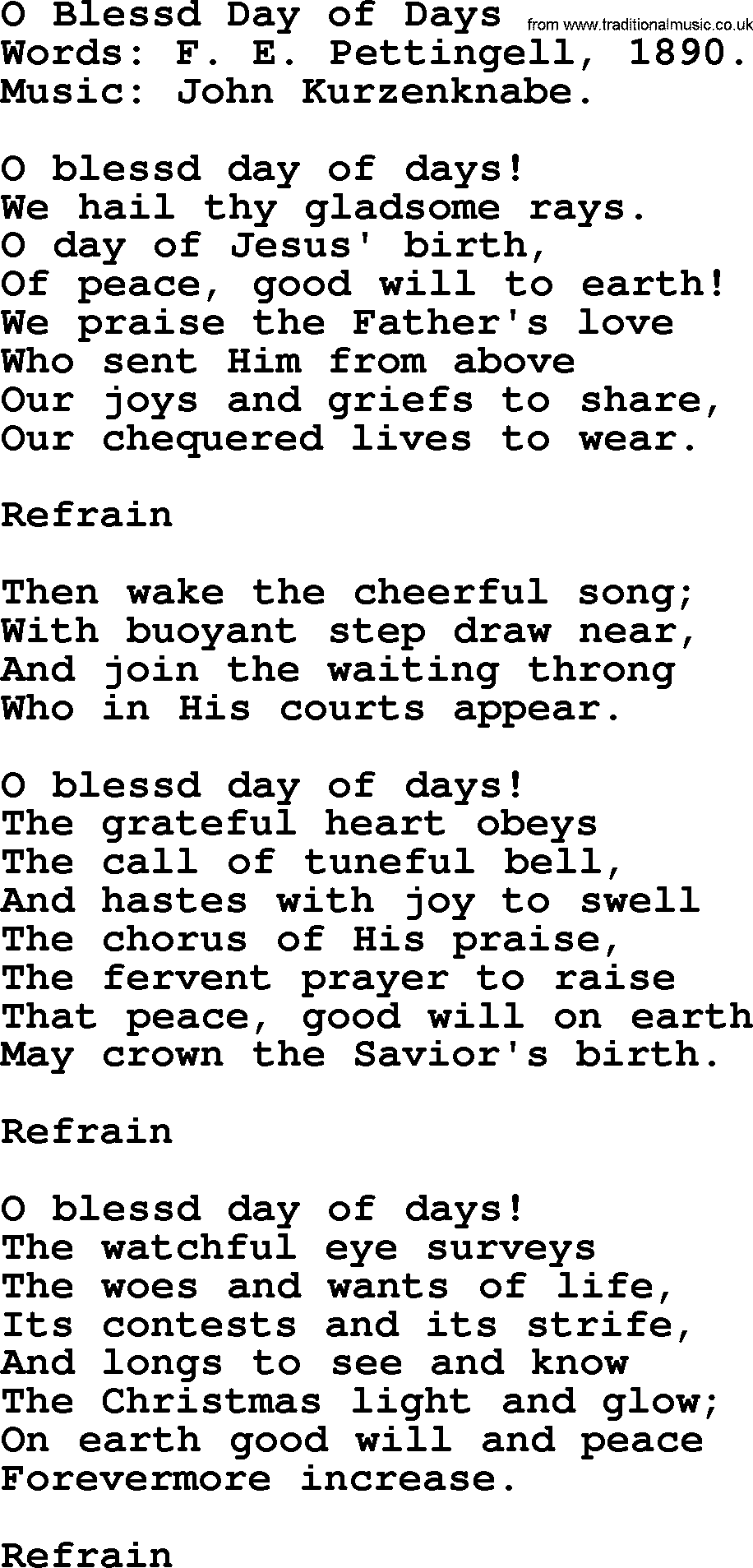 Christmas Hymns, Carols and Songs, title: O Blessed Day Of Days, lyrics with PDF