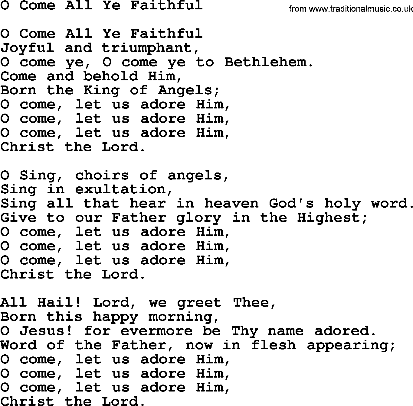 Christmas Hymns, Carols and Songs, title: O Come All Ye Faithful, lyrics with PDF