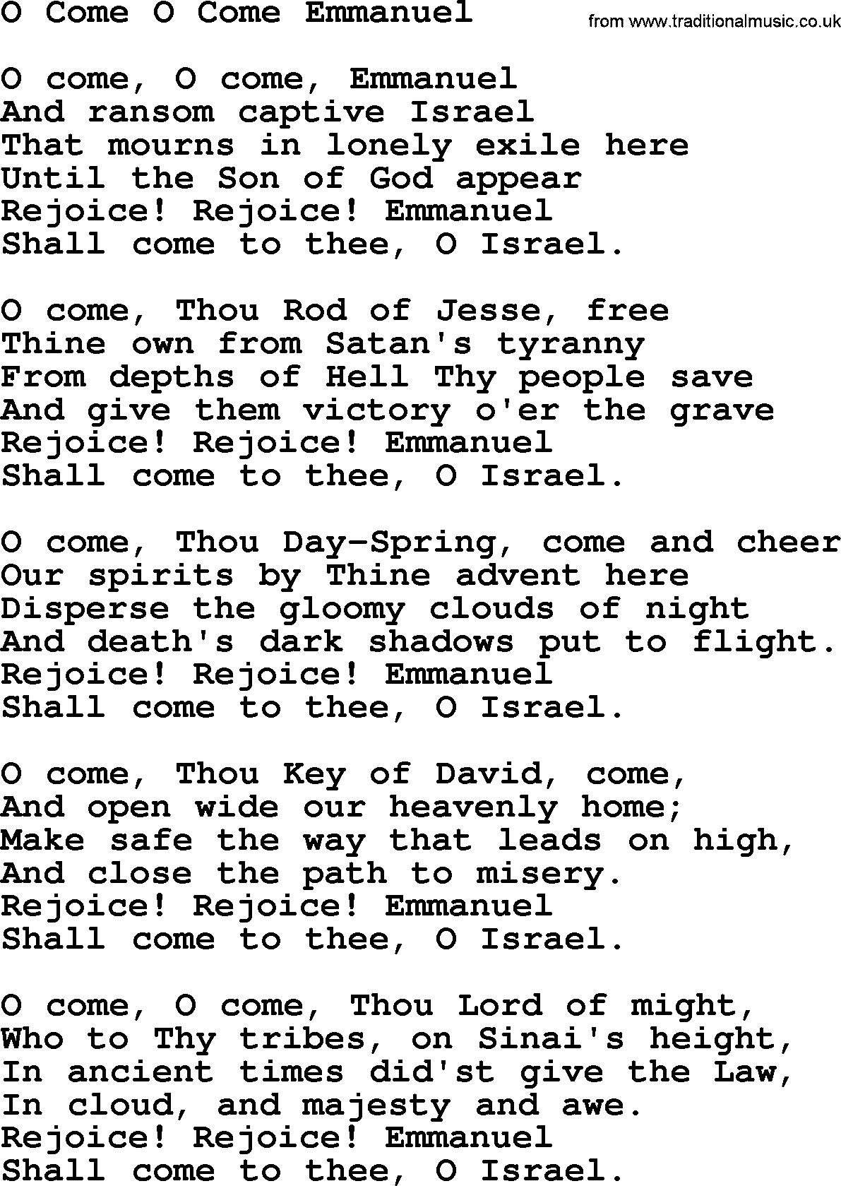 Christmas Hymns, Carols and Songs, title: O Come O Come Emmanuel, lyrics with PDF