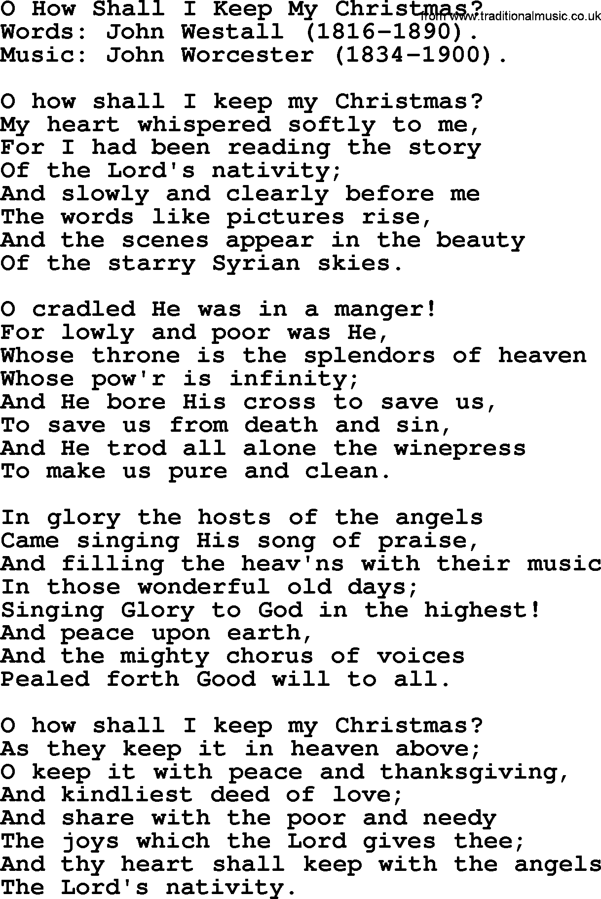 Christmas Hymns, Carols and Songs, title: O How Shall I Keep My Christmas, lyrics with PDF