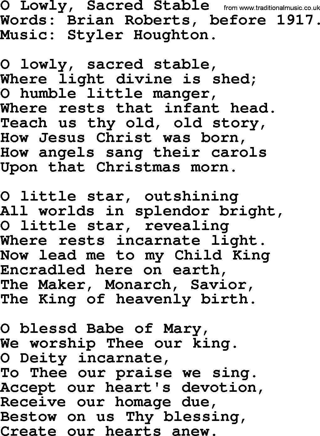Christmas Hymns, Carols and Songs, title: O Lowly, Sacred Stable, lyrics with PDF