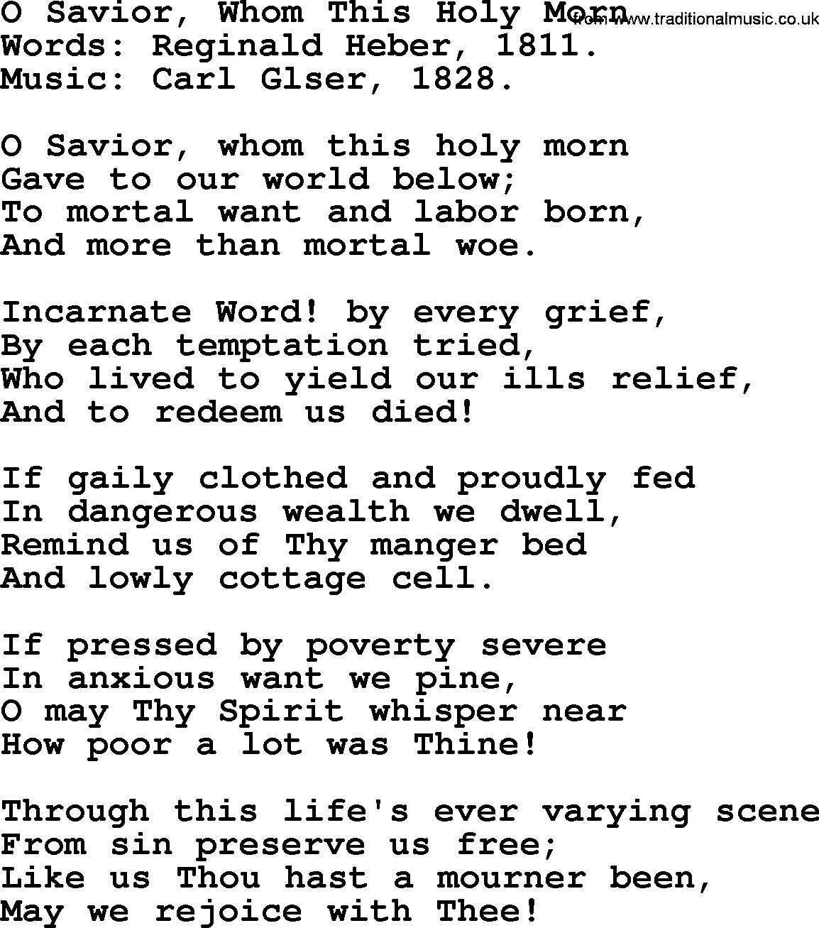 Christmas Hymns, Carols and Songs, title: O Savior, Whom This Holy Morn, lyrics with PDF