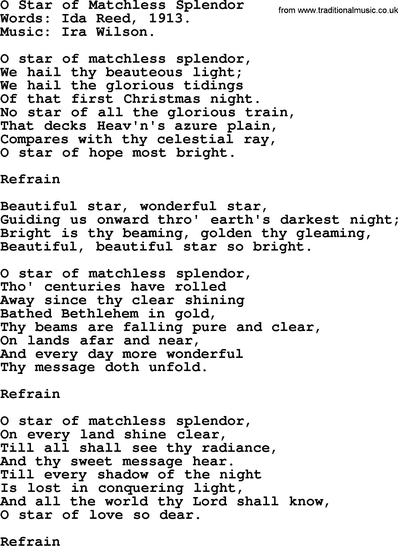 Christmas Hymns, Carols and Songs, title: O Star Of Matchless Splendor, lyrics with PDF