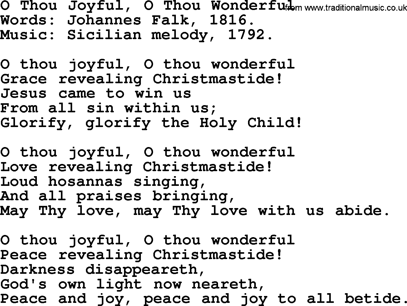 Christmas Hymns, Carols and Songs, title: O Thou Joyful, O Thou Wonderful, lyrics with PDF