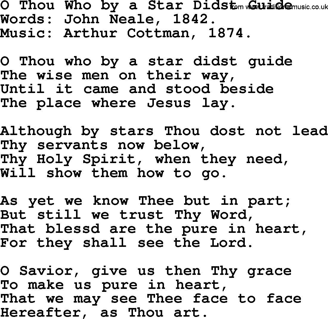 Christmas Hymns, Carols and Songs, title: O Thou Who By A Star Didst Guide, lyrics with PDF