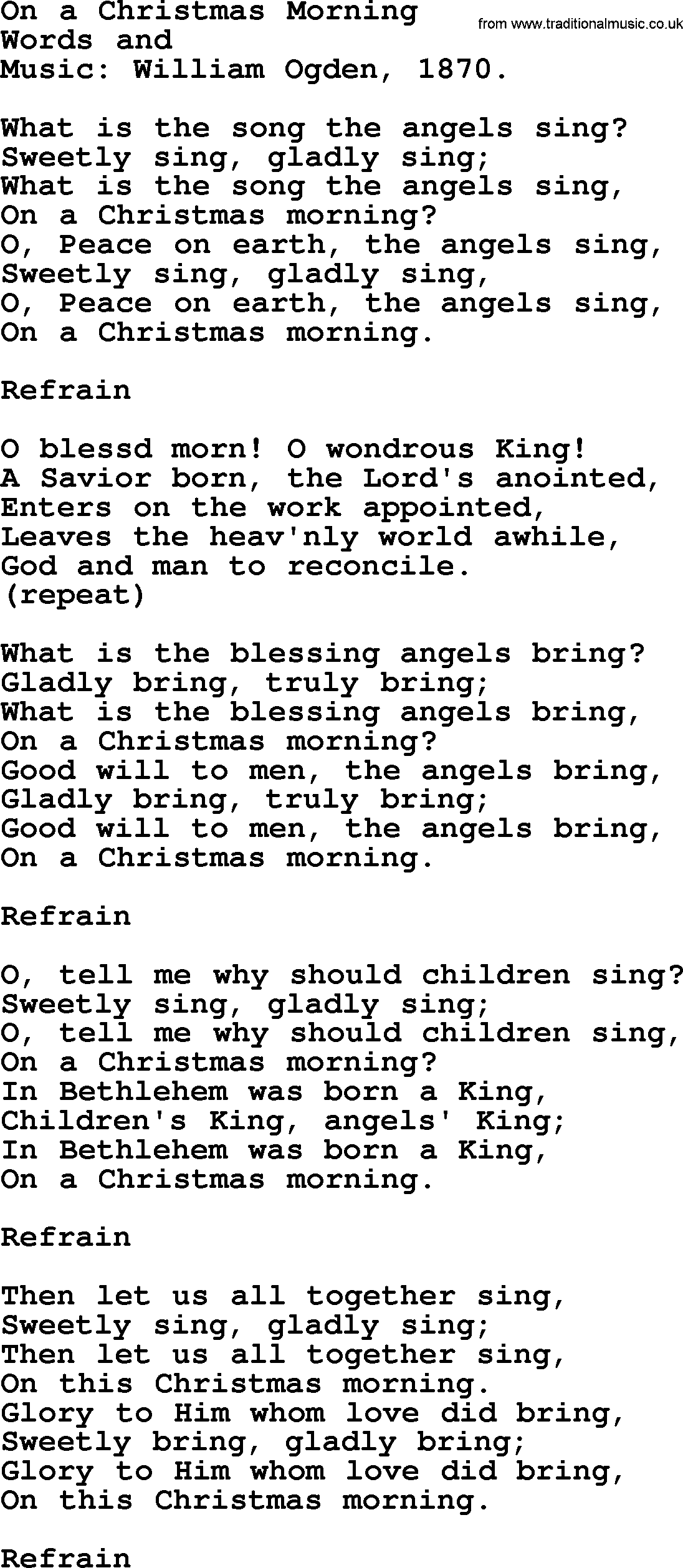 Christmas Hymns, Carols and Songs, title: On A Christmas Morning - complete lyrics, and PDF