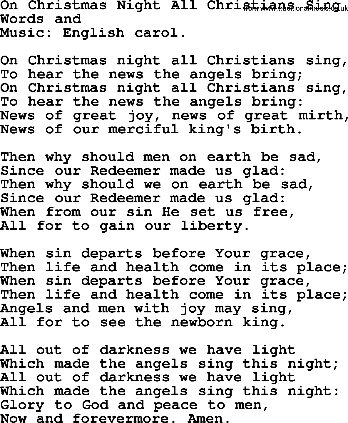 Christmas Hymns, Carols and Songs, title: On Christmas Night All Christians Sing, lyrics with PDF