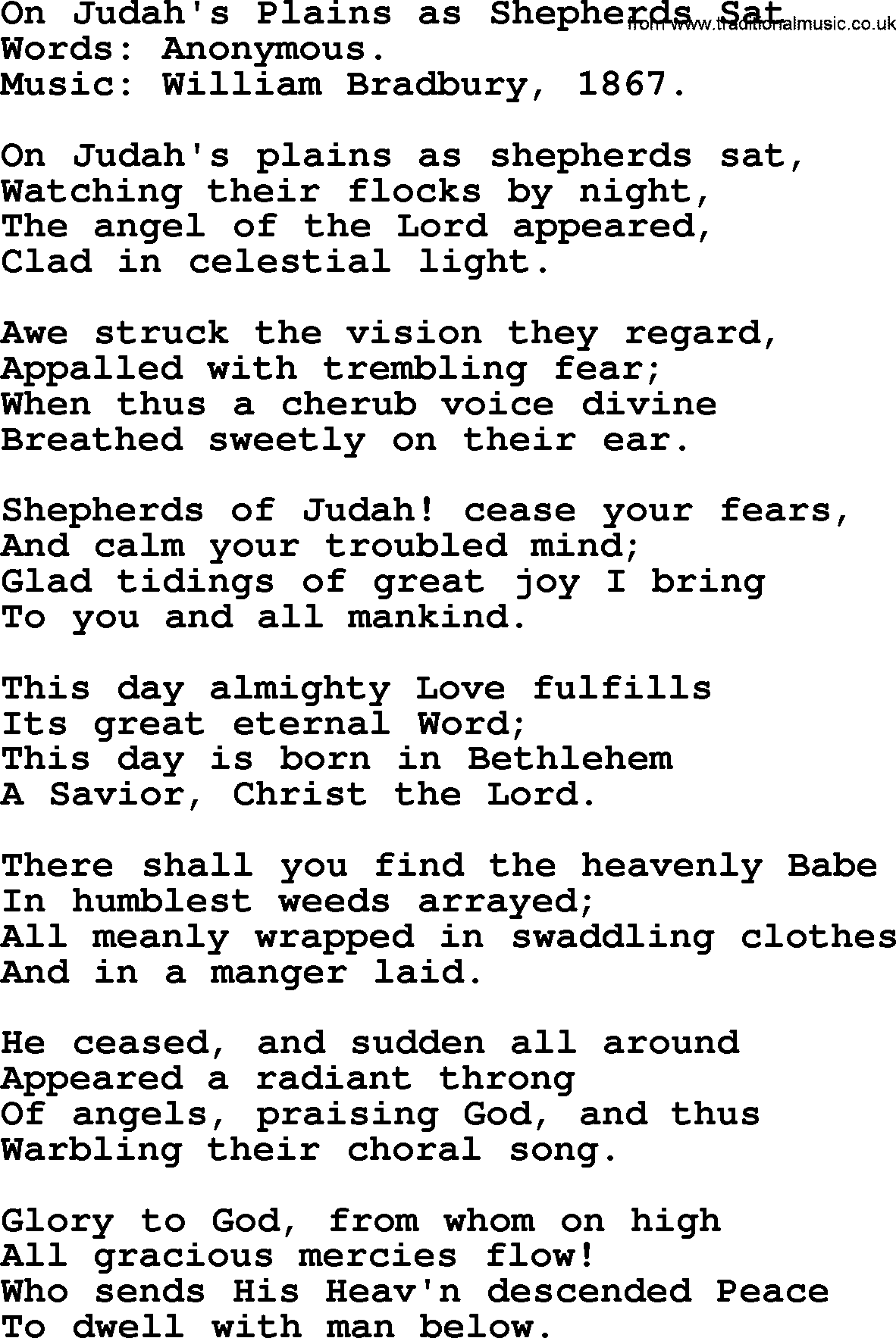 Christmas Hymns, Carols and Songs, title: On Judah's Plains As Shepherds Sat, lyrics with PDF
