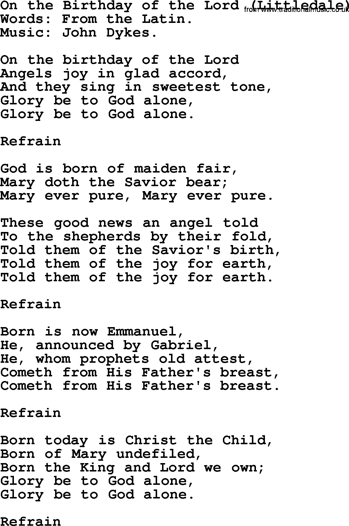 Christmas Hymns, Carols and Songs, title: On The Birthday Of The Lord (littledale), lyrics with PDF