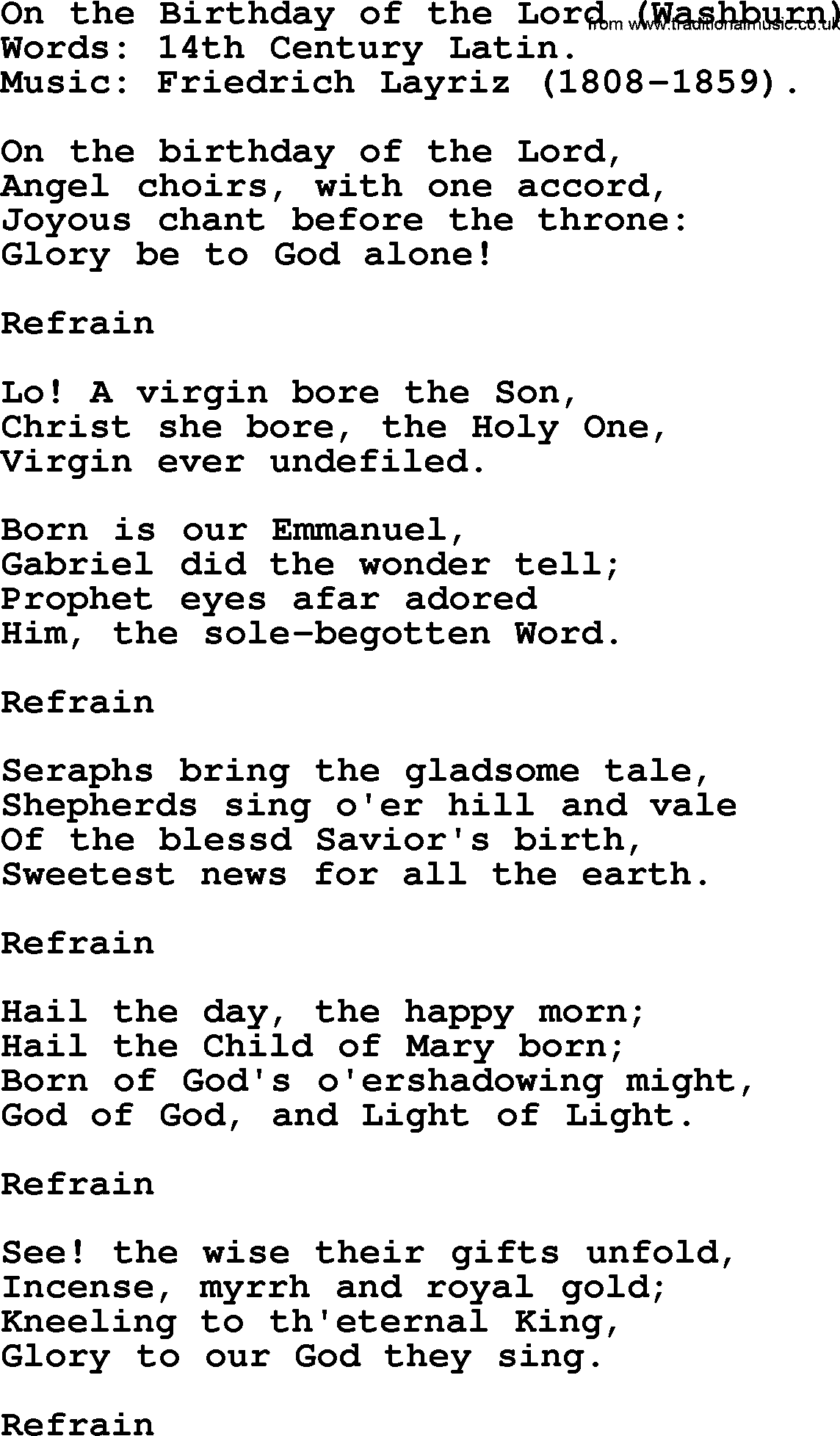 Christmas Hymns, Carols and Songs, title: On The Birthday Of The Lord (washburn), lyrics with PDF