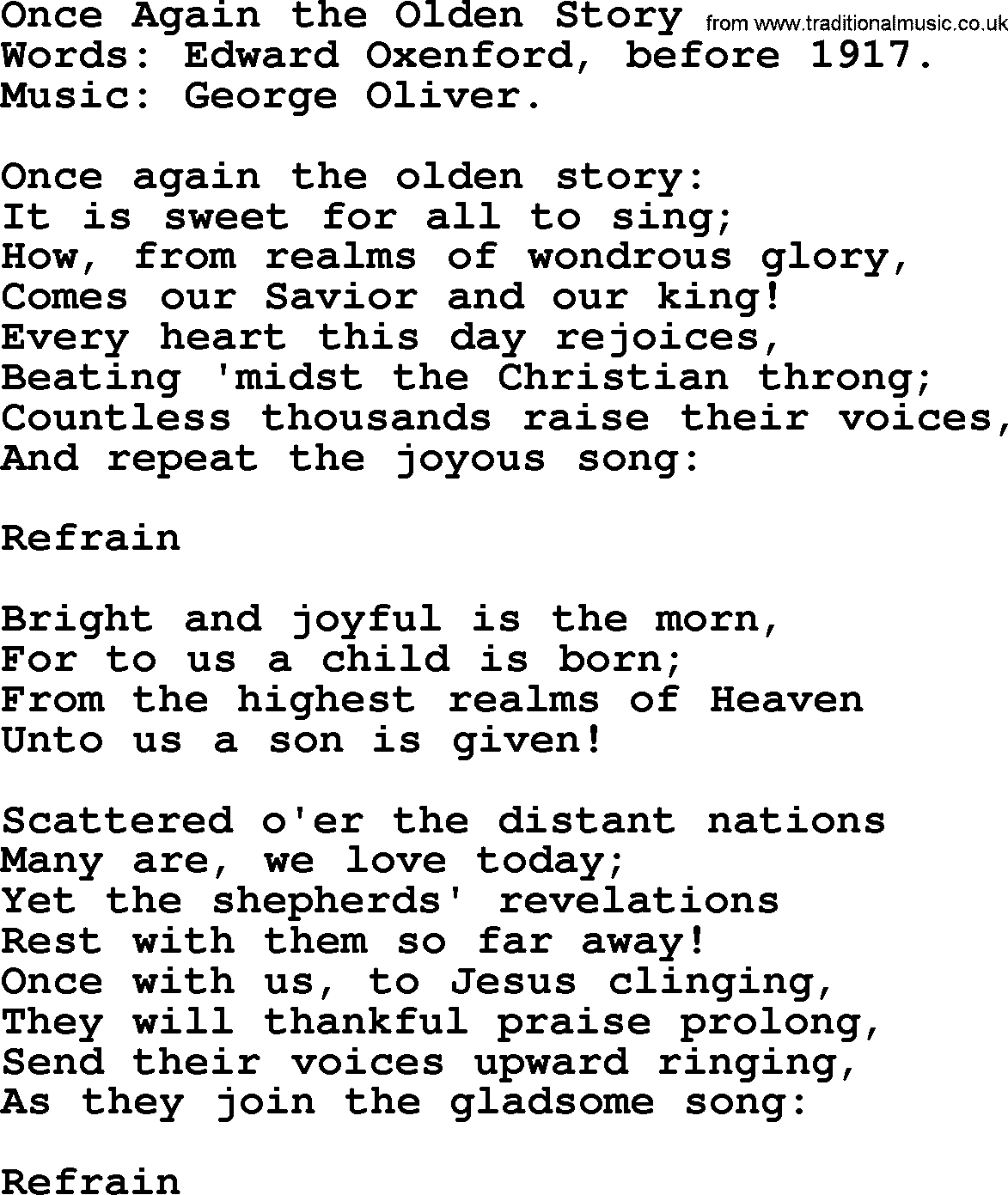 Christmas Hymns, Carols and Songs, title: Once Again The Olden Story, lyrics with PDF
