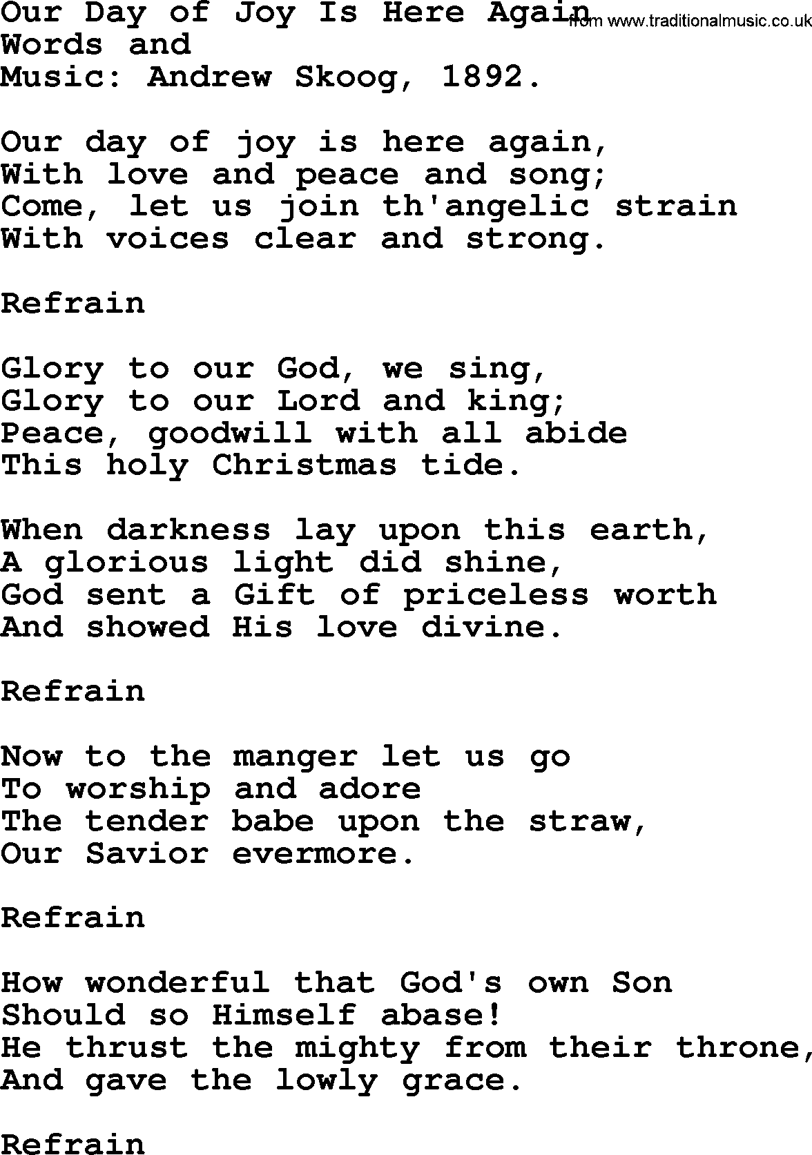 Christmas Hymns, Carols and Songs, title: Our Day Of Joy Is Here Again - complete lyrics, and PDF