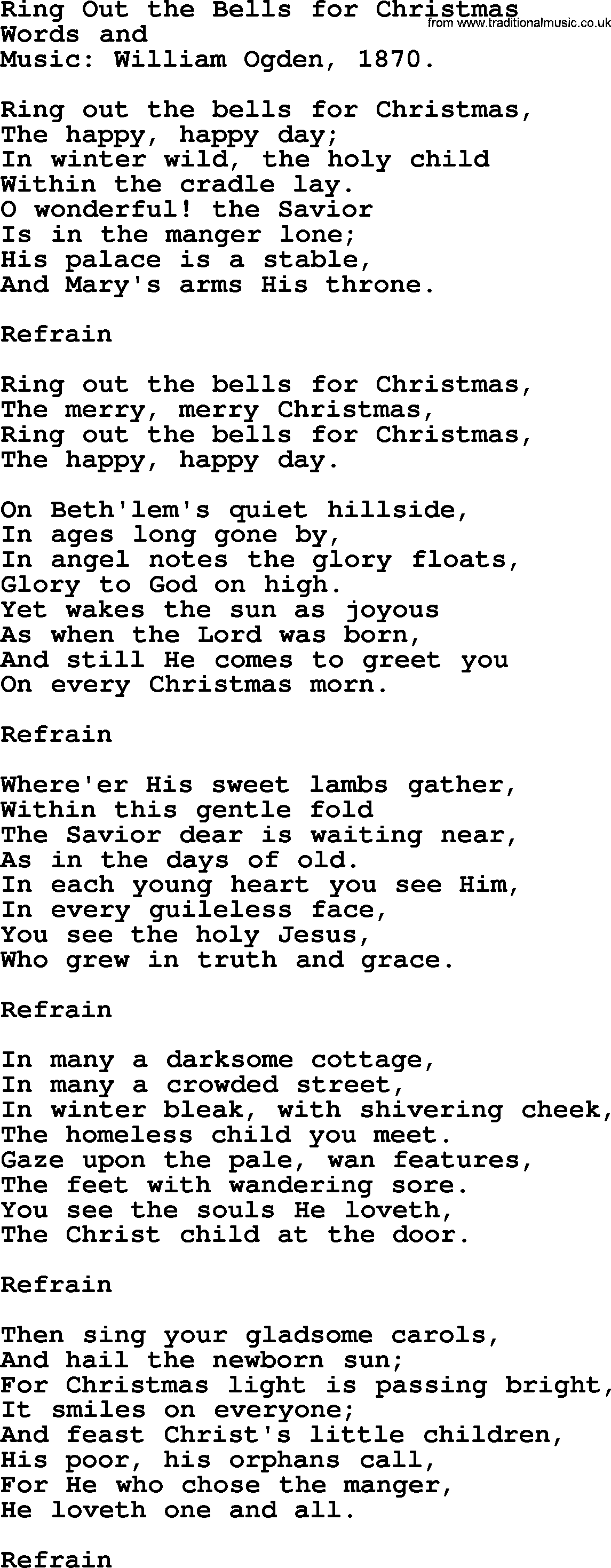 Christmas Hymns, Carols and Songs, title: Ring Out The Bells For Christmas, lyrics with PDF