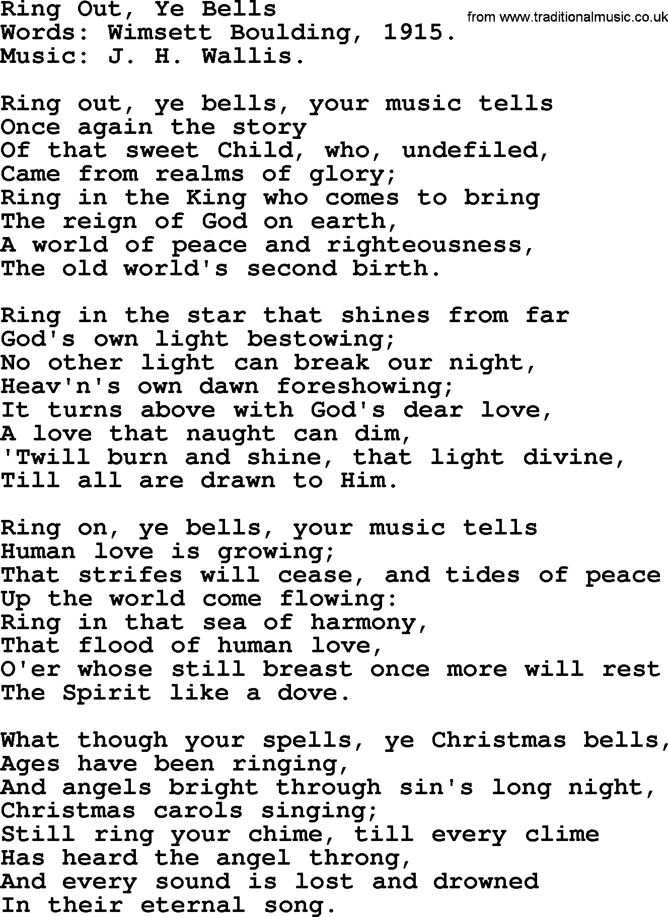 Christmas Hymns, Carols and Songs, title: Ring Out, Ye Bells, lyrics with PDF