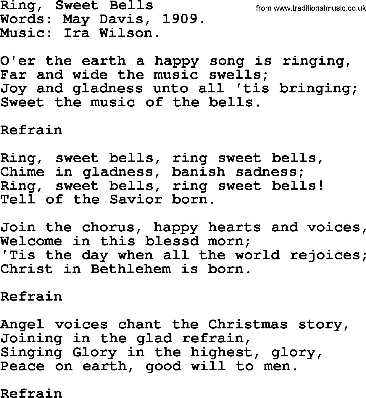 Christmas Hymns, Carols and Songs, title: Ring, Sweet Bells, lyrics with PDF