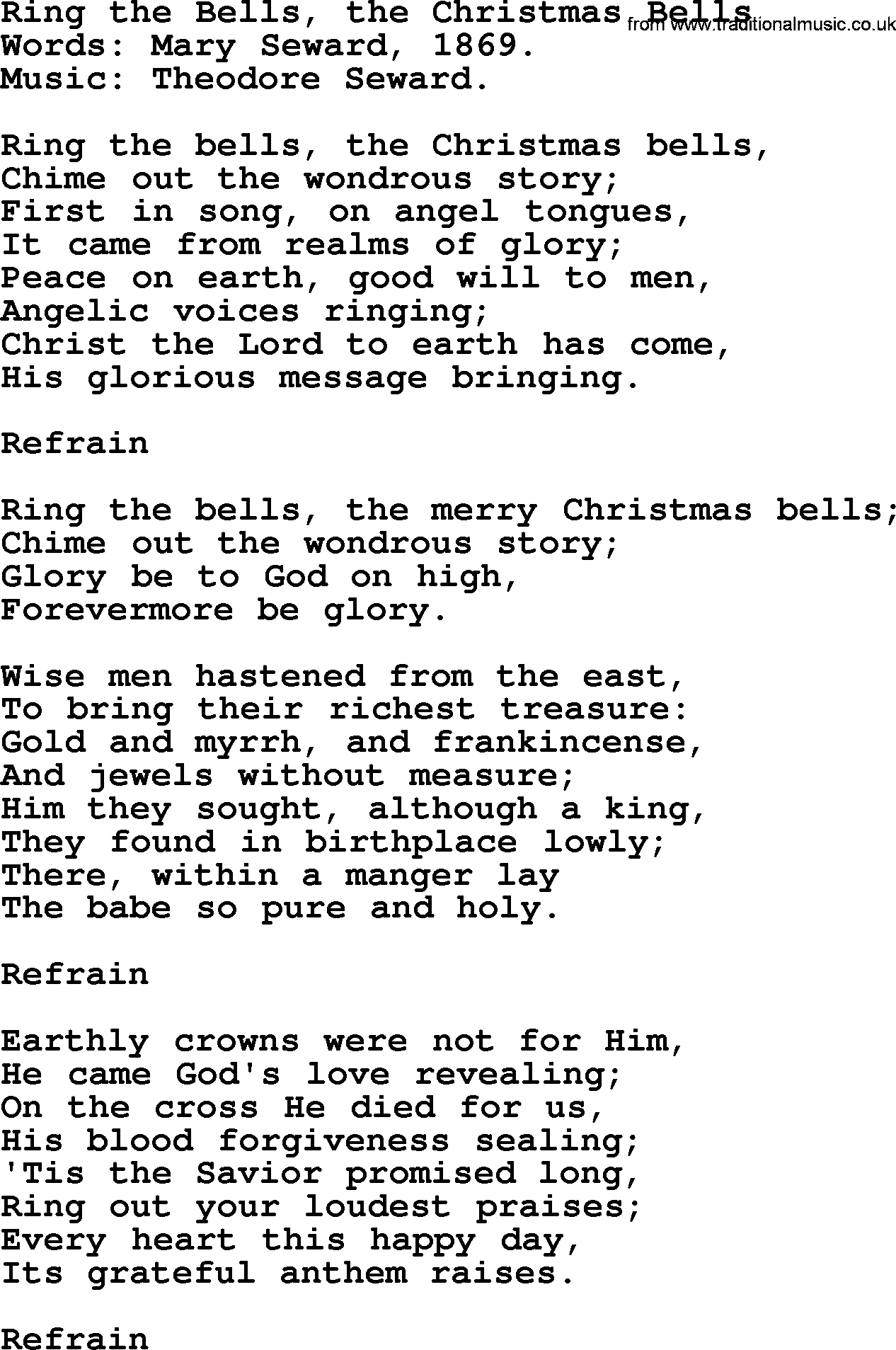 Christmas Hymns, Carols and Songs, title: Ring The Bells, The Christmas Bells, lyrics with PDF