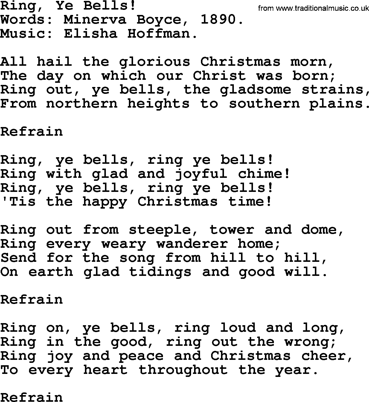 Christmas Hymns, Carols and Songs, title: Ring, Ye Bells!, lyrics with PDF
