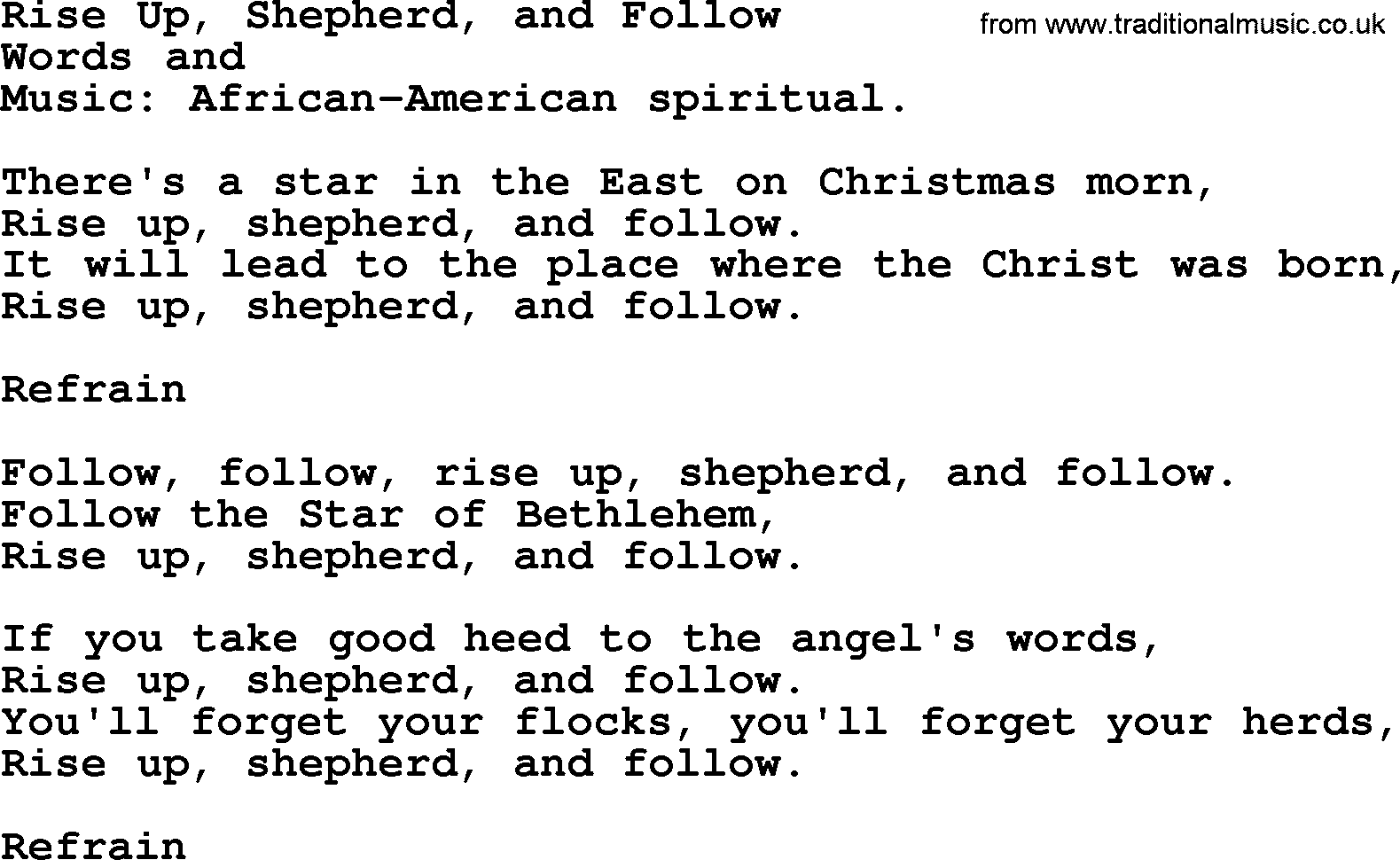 Christmas Hymns, Carols and Songs, title: Rise Up, Shepherd, And Follow - complete lyrics, and PDF