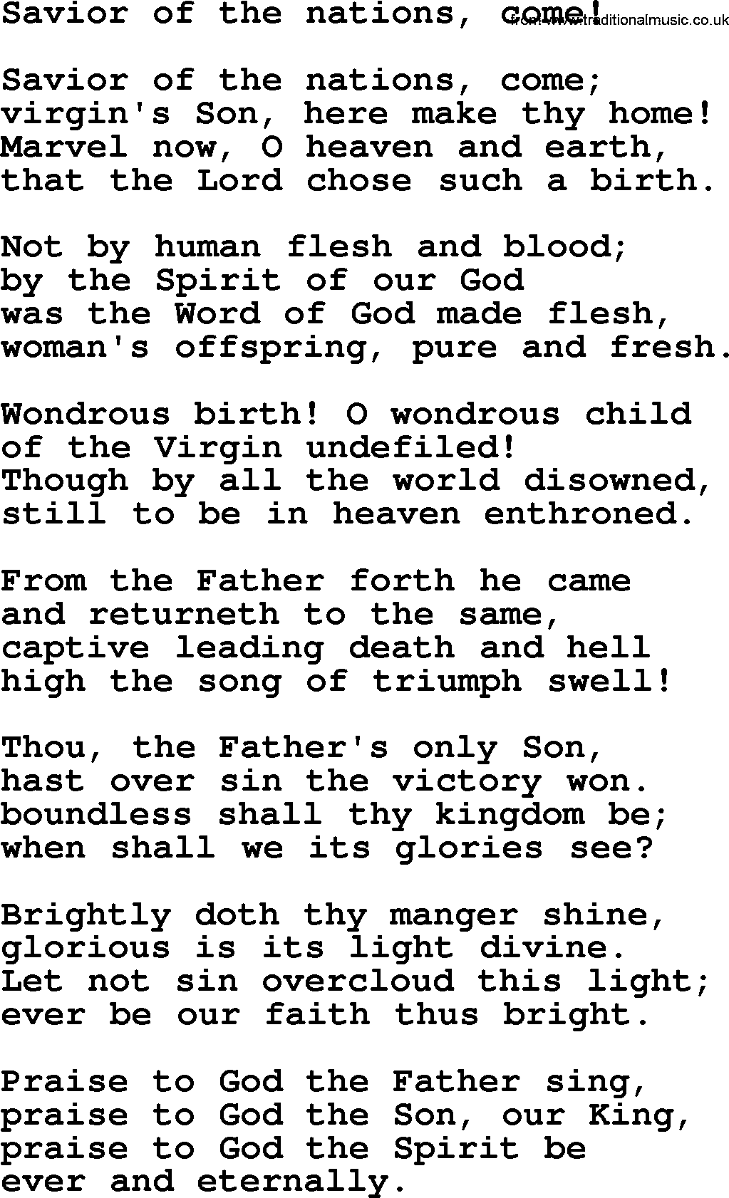Christmas Hymns, Carols and Songs, title: Savior Of The Nations, Come!, lyrics with PDF