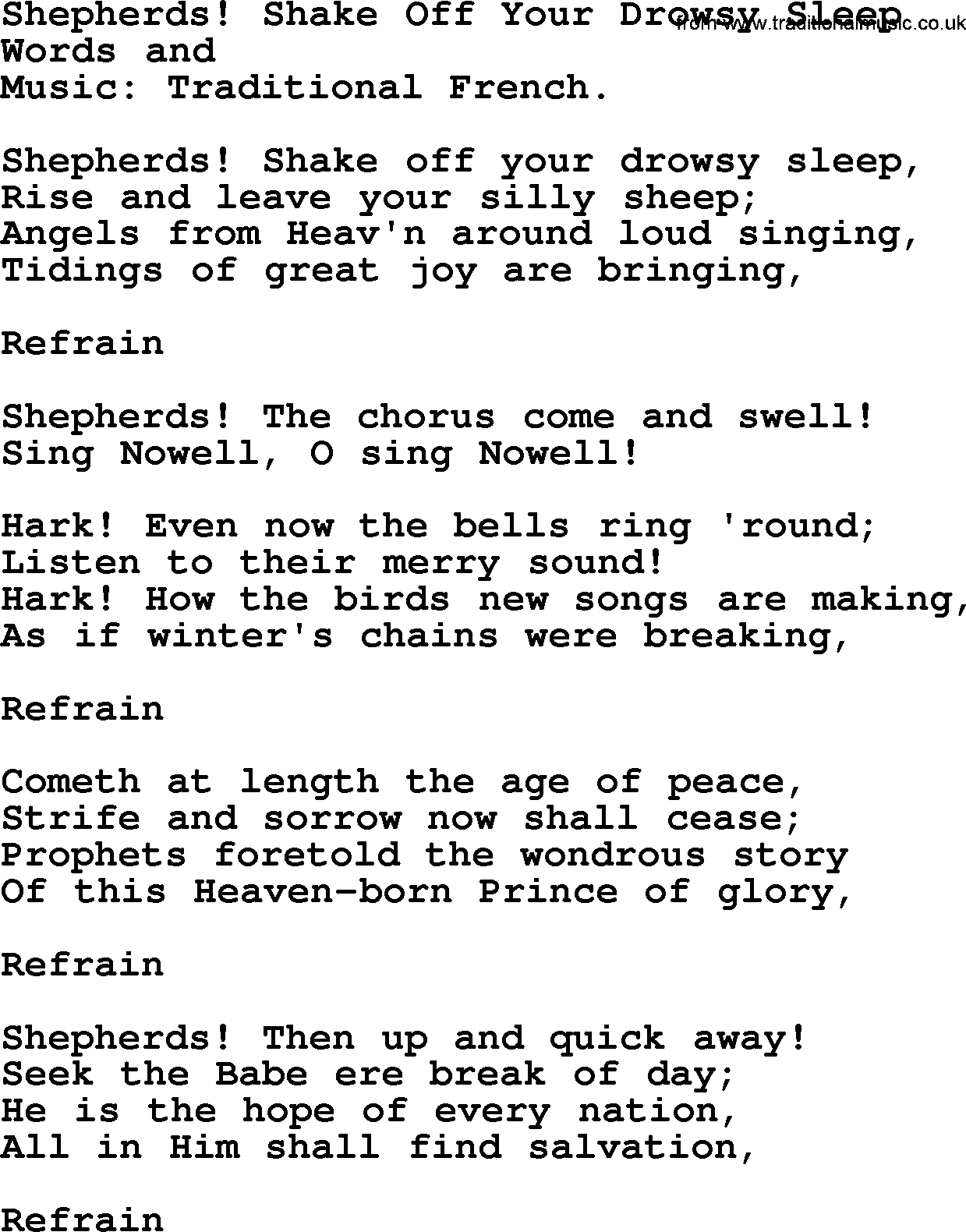 Christmas Hymns, Carols and Songs, title: Shepherds! Shake Off Your Drowsy Sleep, lyrics with PDF