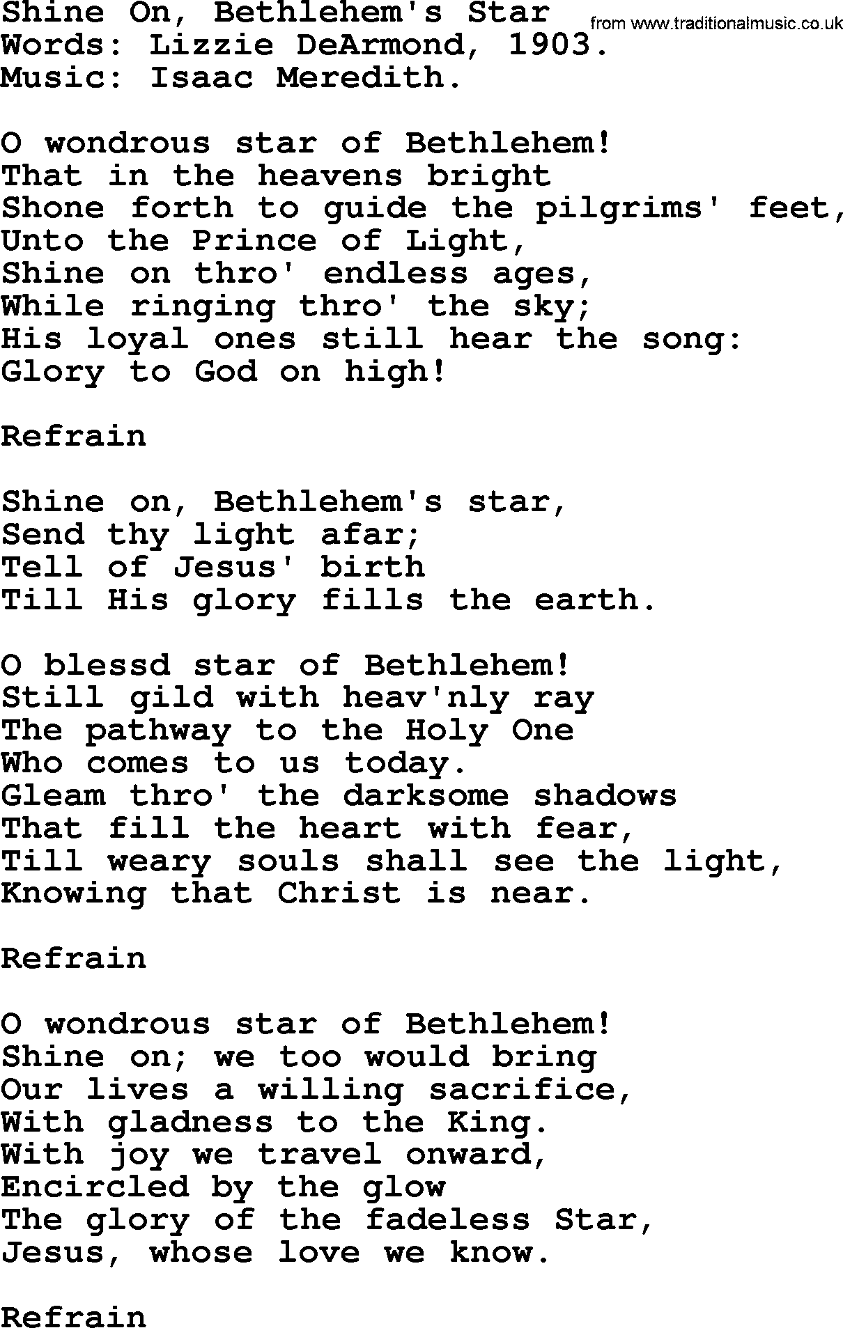 Christmas Hymns, Carols and Songs, title: Shine On, Bethlehem's Star, lyrics with PDF